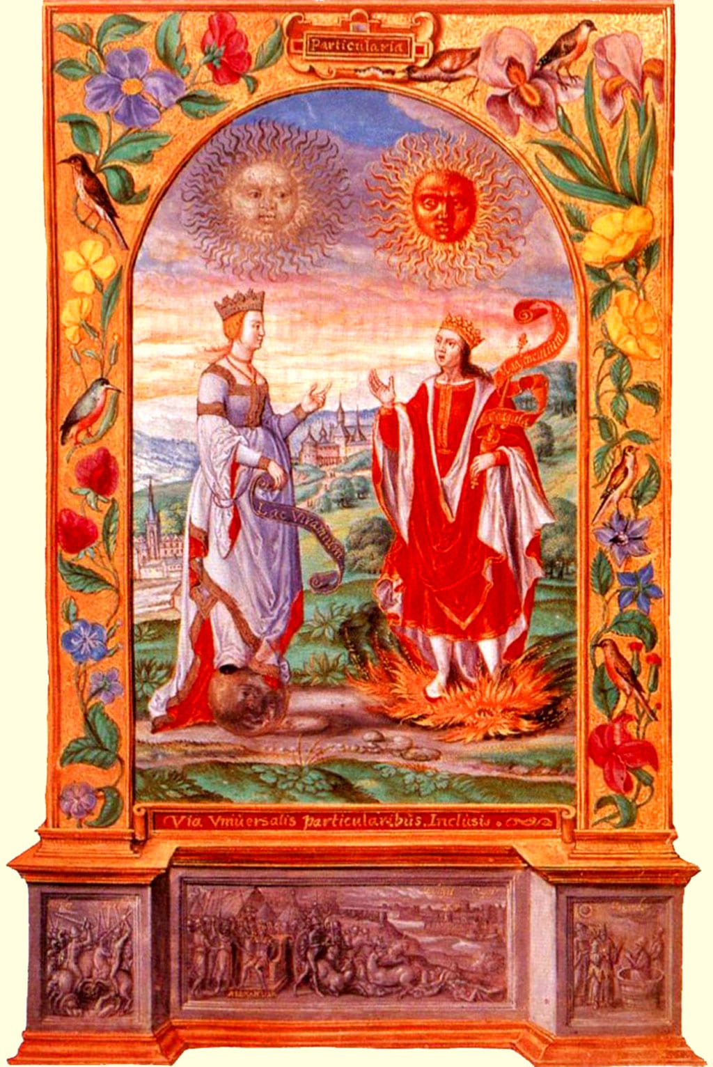 Uma iluminura alquímica do Sol e da Lua como um Rei e uma Rainha coroados, com dois sóis acima, do Splendor Solis.
