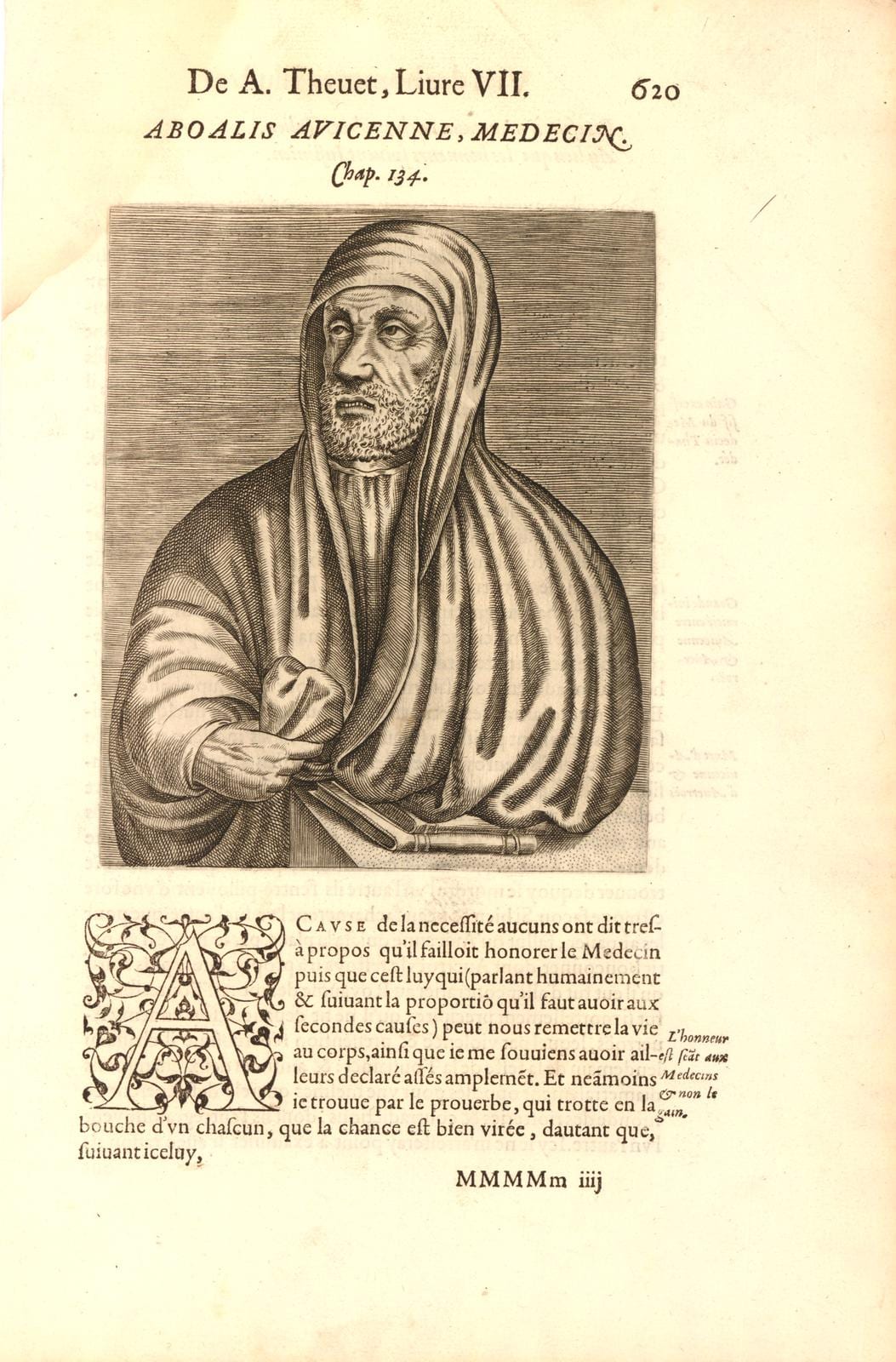 Retrato gravado de Avicena, um erudito encapuzado segurando um livro, de uma coletânea de homens ilustres do século XVI.