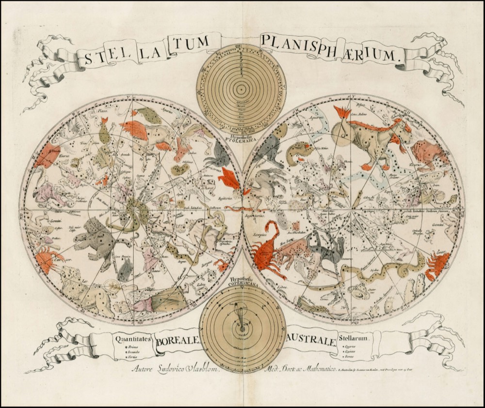 Eine Himmelskarte mit zwei Hemisphären von 1675, die die Sternbilder und das Band des Tierkreises an beiden Himmeln zeigt.