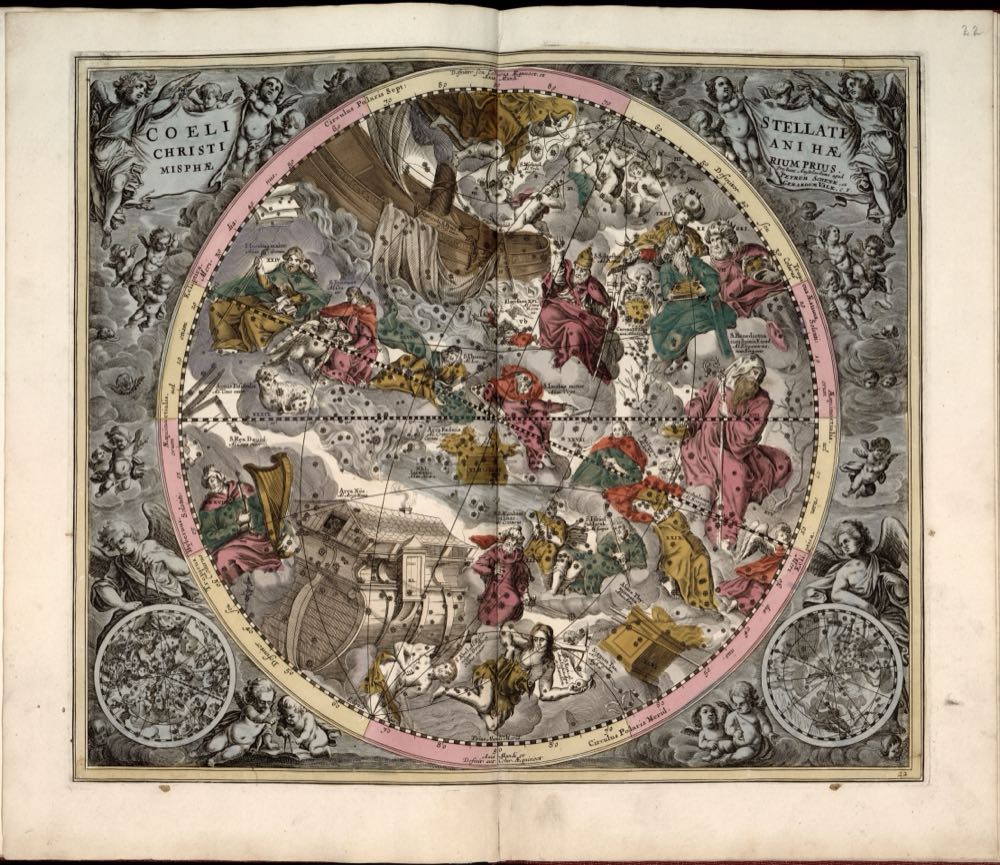 Um ornamentado planisfério celeste da Harmonia Macrocosmica de Andreas Cellarius, que mapeia as constelações ao longo de um hemisfério do céu.