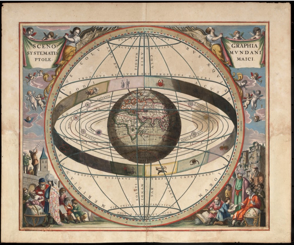 Una ornamentada carta celeste de 1660 que muestra la Tierra en el centro, rodeada por las esferas de los planetas y la banda del zodíaco.