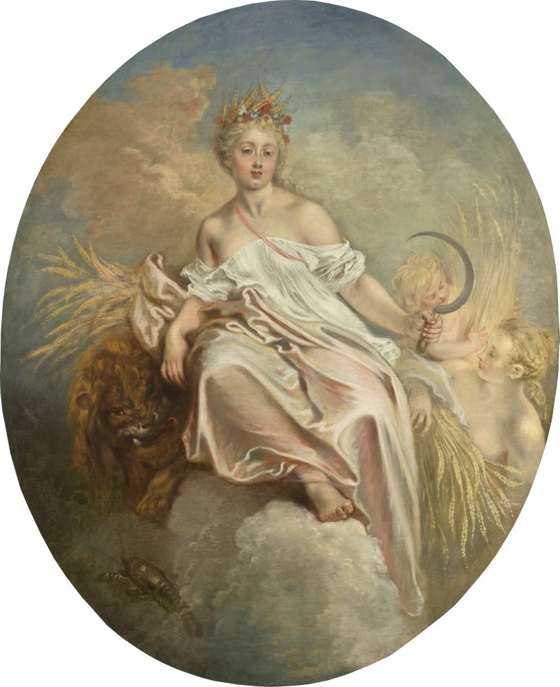 Antoine Watteau's painting of Ceres, the Roman goddess of the harvest, reclining among the fruits, grain and zodiac signs of summer.