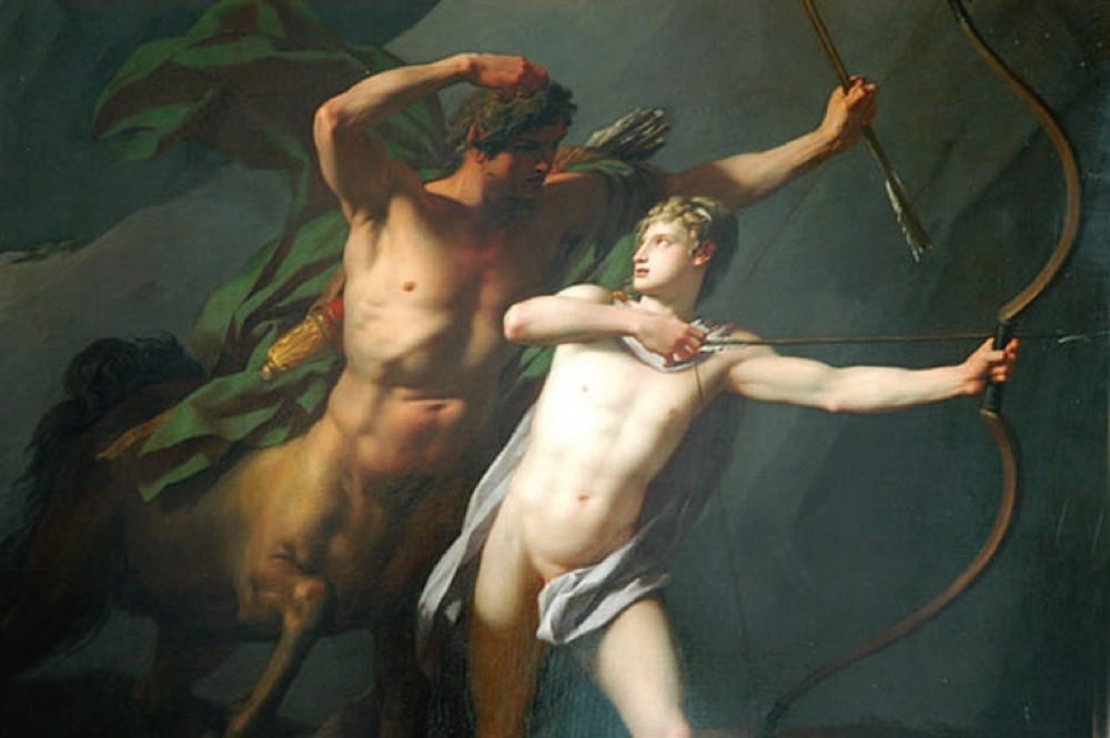 Jean-Baptiste Regnault's painting The Education of Achilles, showing the wise centaur Chiron teaching the young hero Achilles to draw a bow.