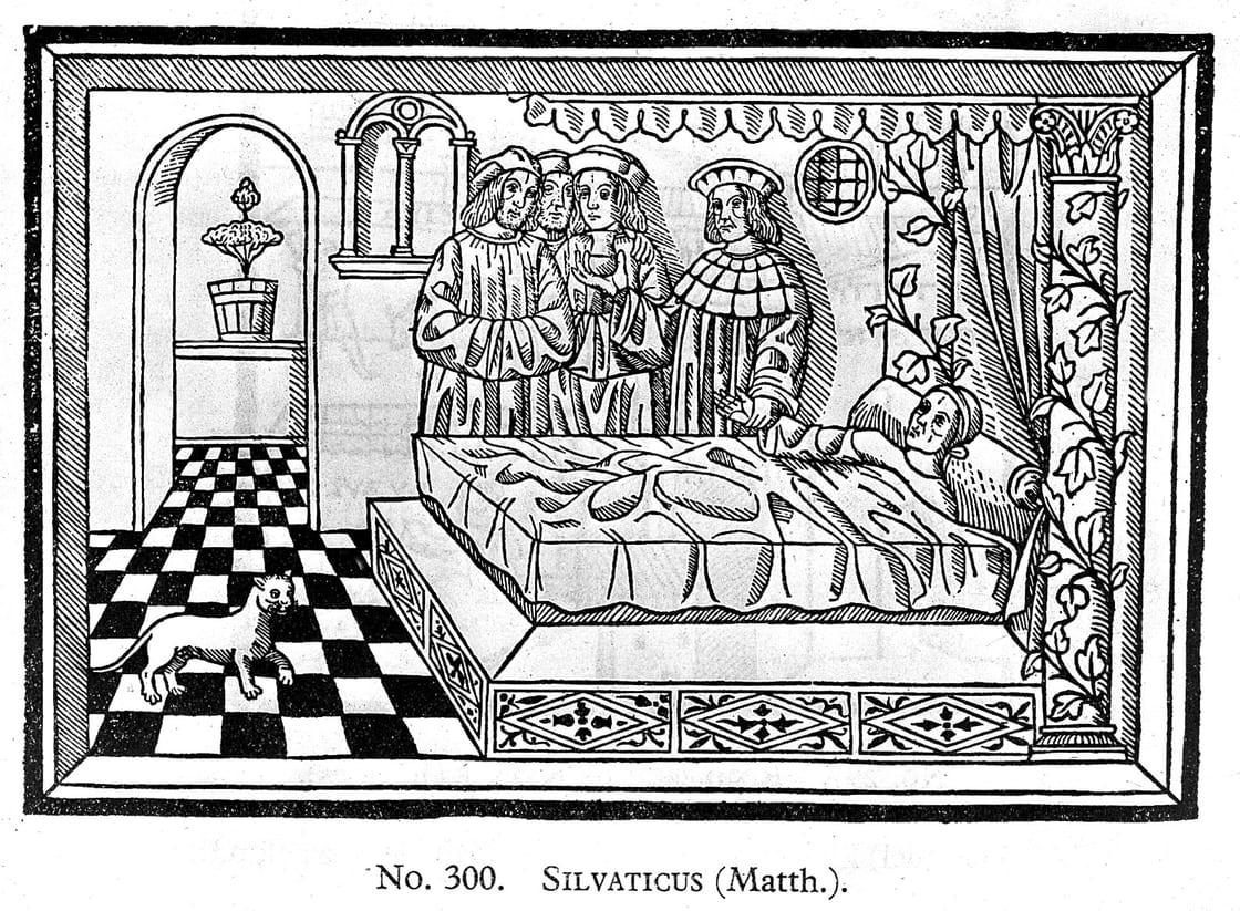 Médicos em longas vestes consultam à beira do leito de um paciente deitado na cama, xilogravura médica de um primeiro livro impresso.