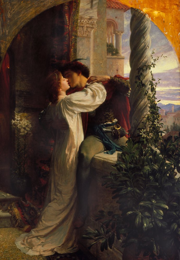 Tableau de Frank Dicksee représentant Roméo et Juliette dans une tendre étreinte sur un balcon à l'aube, le couple d'amants archétypal.