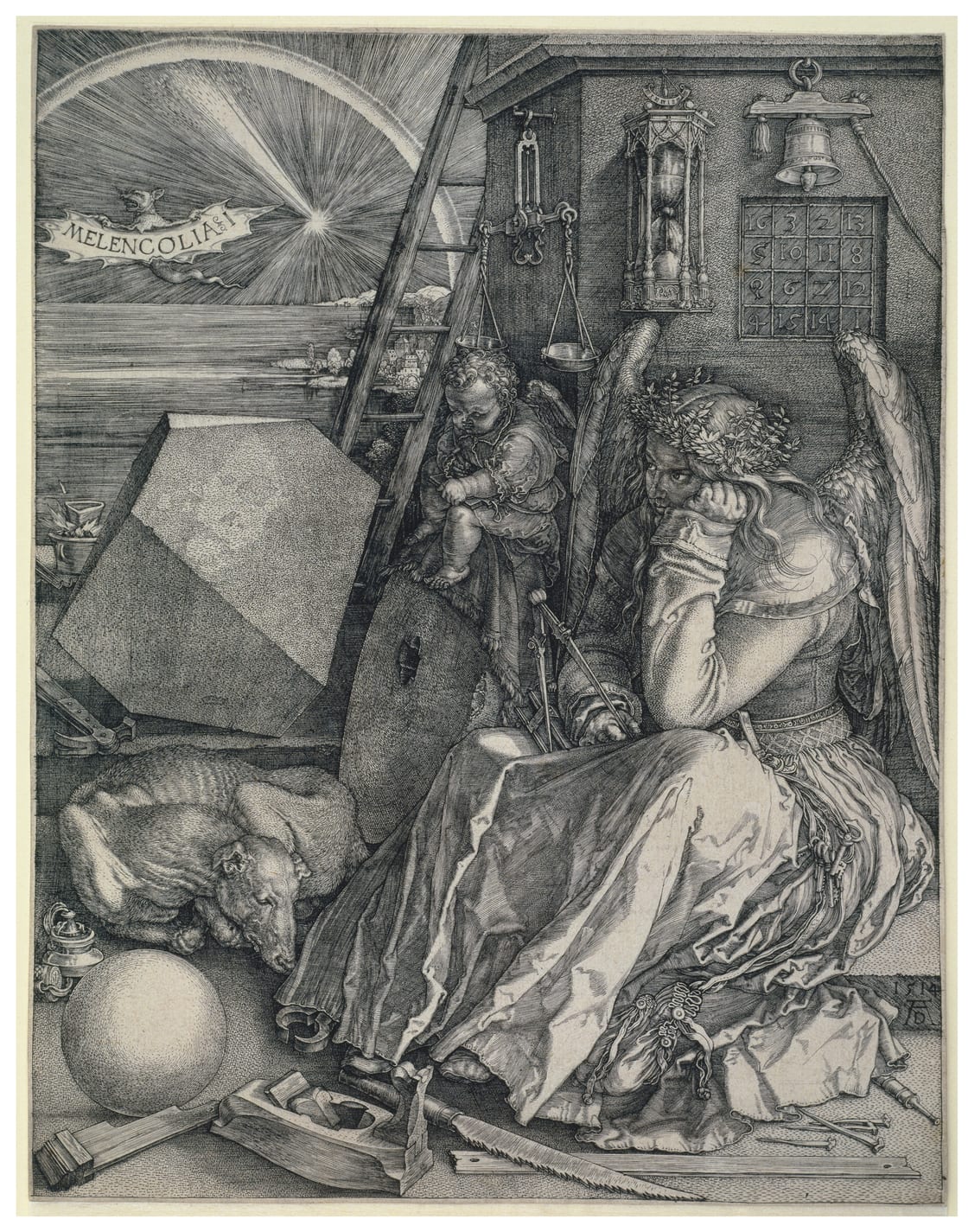 Dürer'in Melencolia I gravürü: kanatlı bir figür dağınık aletler arasında düşünceye dalmış oturur; yanında bir sihirli kare, bir çokyüzlü ve uyuyan bir köpek vardır.