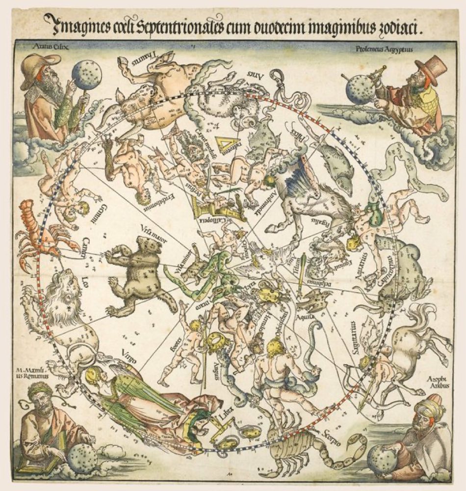 Albrecht Dürers Holzschnittkarte des nördlichen Himmels von 1515, die Sternbilder als mythologische Figuren über den Sternen dargestellt.