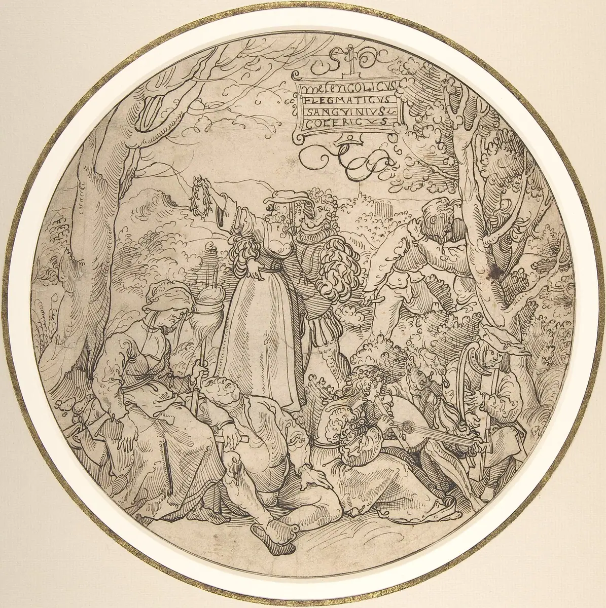 A hand-colored diagram of the four humors around a central figure, with phlegm shown as cold, moist water in the lower quarter.
