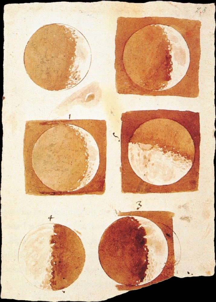 Galileo Galileis Lavierungszeichnungen des Mondes von 1610 aus dem Sidereus Nuncius, unter den ersten teleskopischen Studien der Mondphasen und der Mondoberfläche.