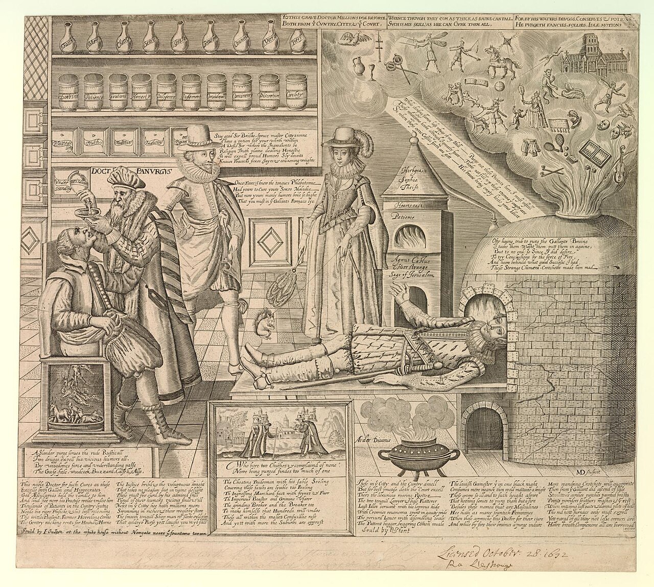 A seventeenth-century engraving of a physician examining a patient, surrounded by emblems of the four humors and temperaments.