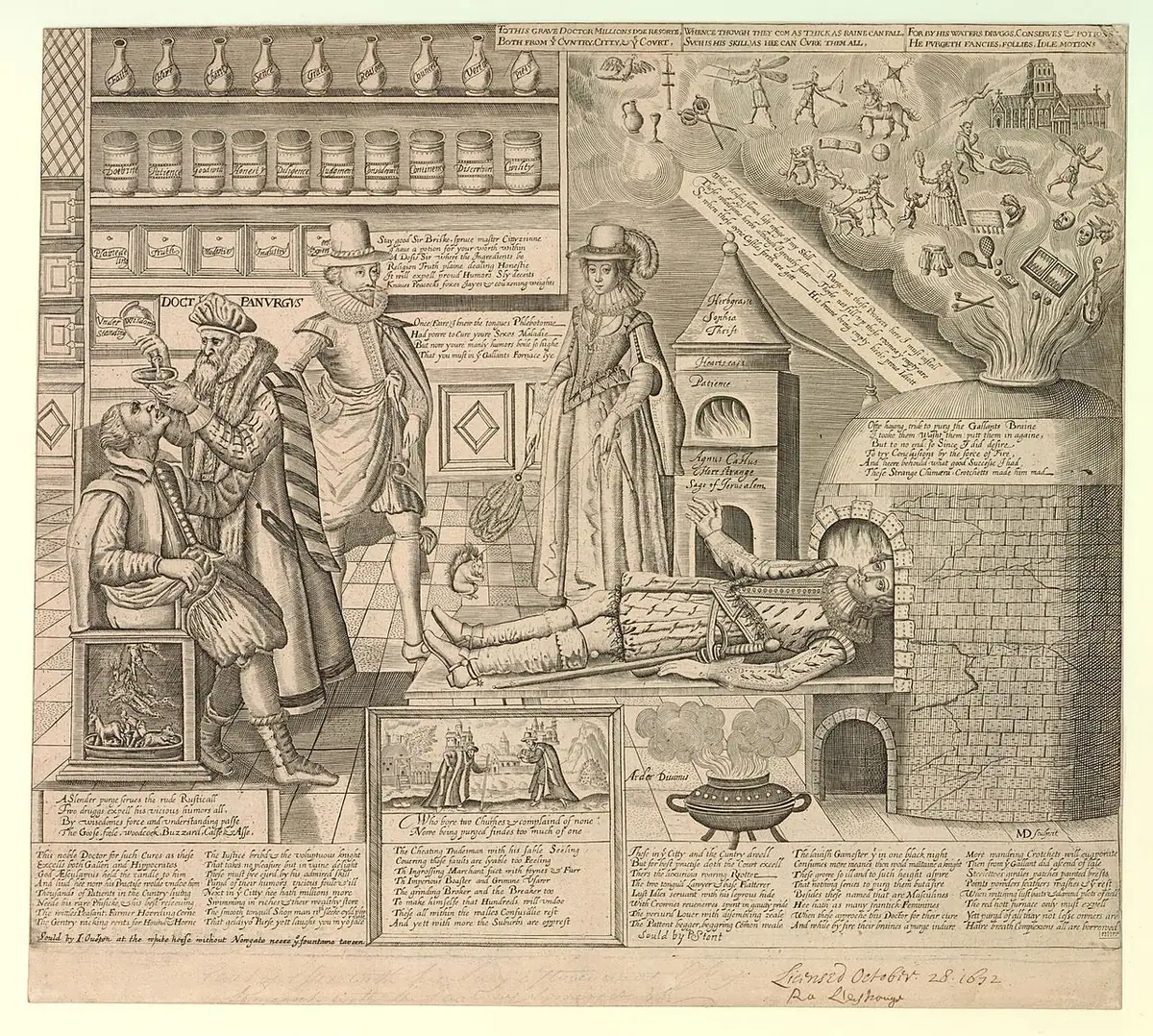 A seventeenth-century engraving of a physician examining a patient, surrounded by emblems of the four humors and temperaments.