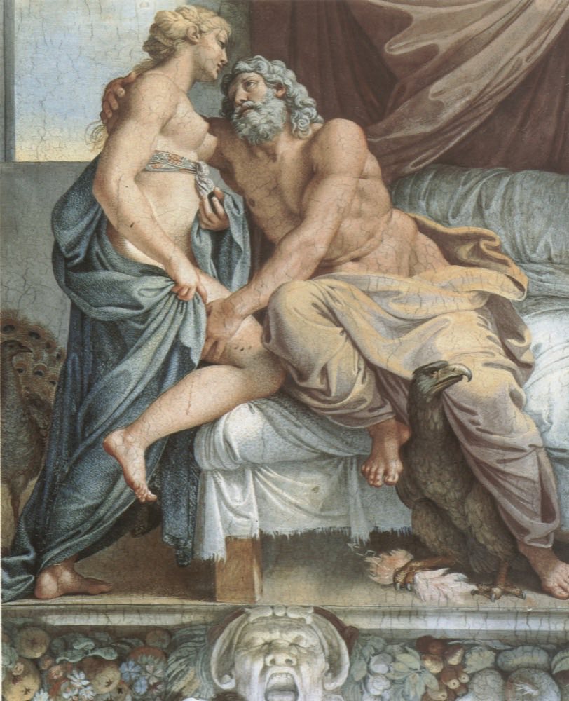 Fresco de Júpiter y Juno juntos como la pareja divina casada, pintado por Annibale Carracci, de la Farnese Gallery en Roma.