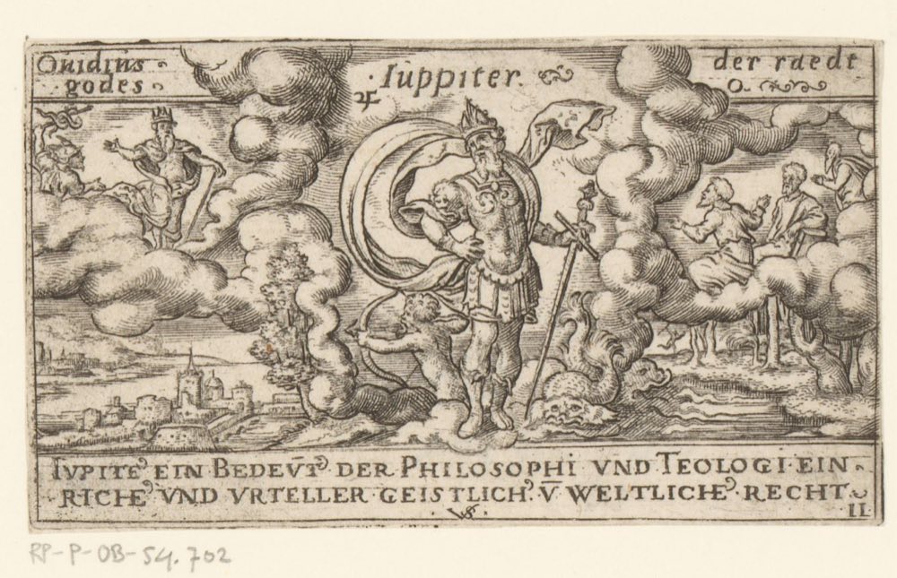 Jupiter mit seinen Herrscherzeichen Schütze und Fische, ein niederländischer Kupferstich (Rijksmuseum).
