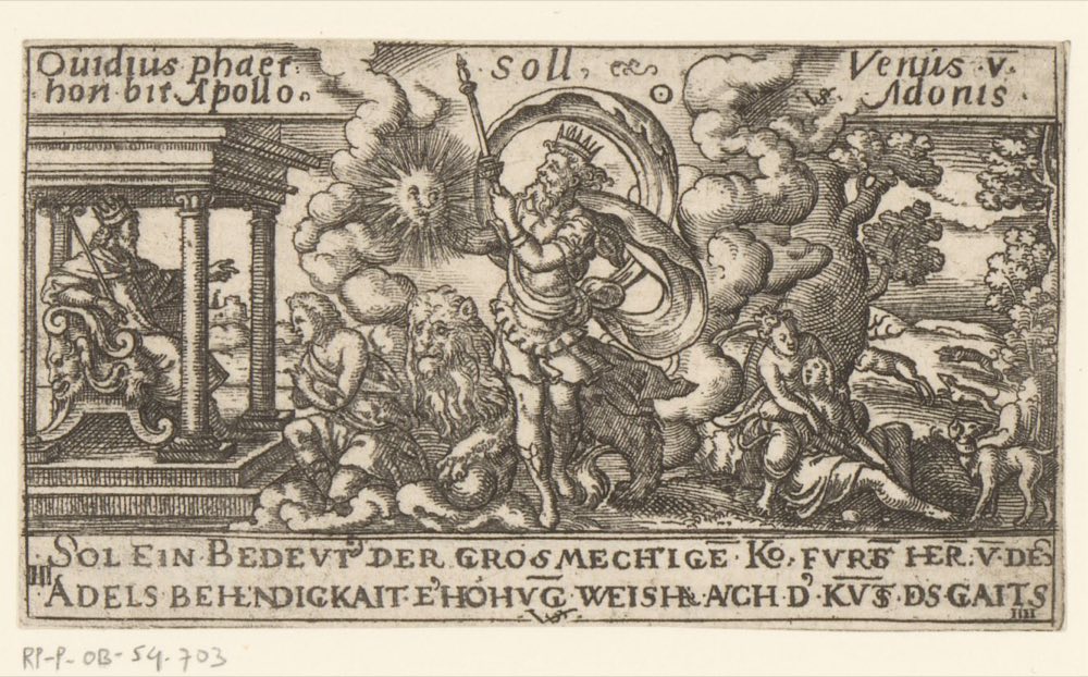 Der Löwe, beherrscht von der Sonne, ein niederländischer Kupferstich (Rijksmuseum).