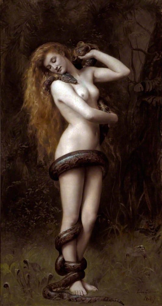 John Colliers Gemälde der Lilith aus dem Jahr 1887, die Gestalt der Lilith, die in einem Wald steht und von einer großen Schlange umschlungen wird.