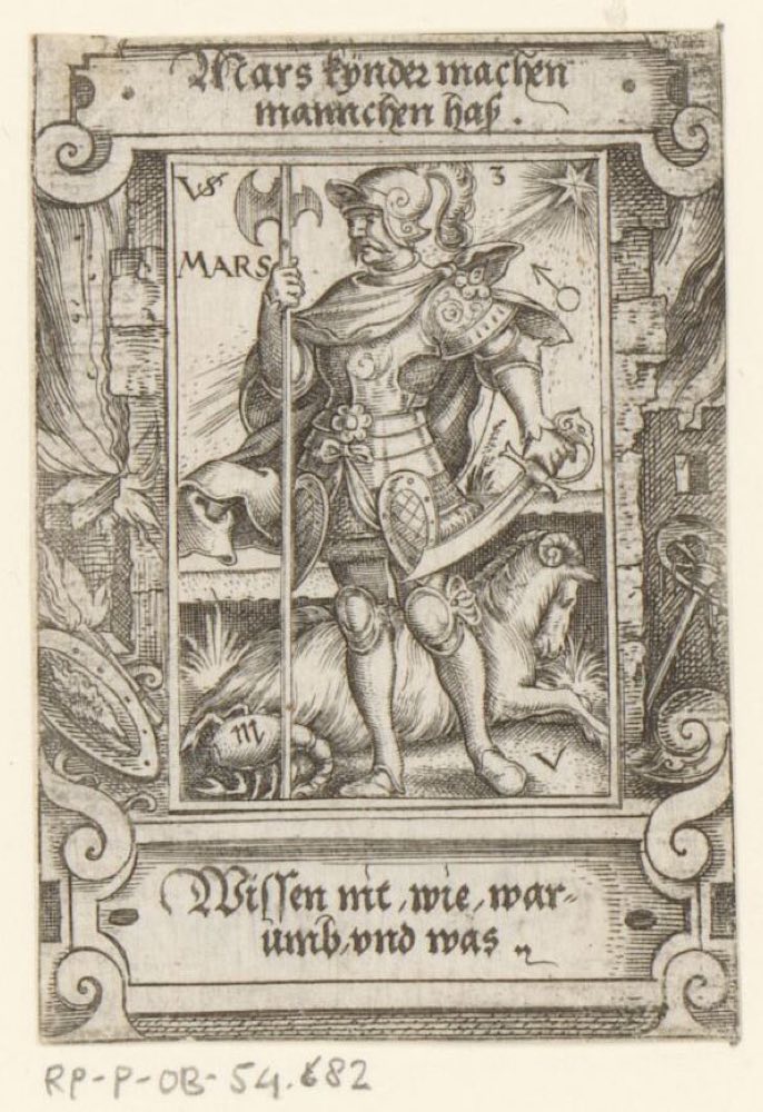 Mars mit seinen Herrscherzeichen Widder und Skorpion, ein niederländischer Kupferstich (Rijksmuseum).