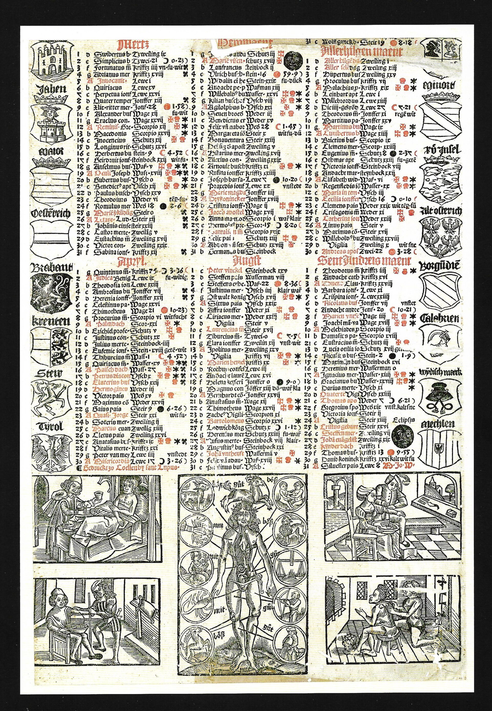 Página de um almanaque impresso antigo, com colunas de santos do dia em vermelho e preto, escudos heráldicos nas laterais e xilogravuras no rodapé, entre elas um homem zodiacal que associa os signos ao corpo.