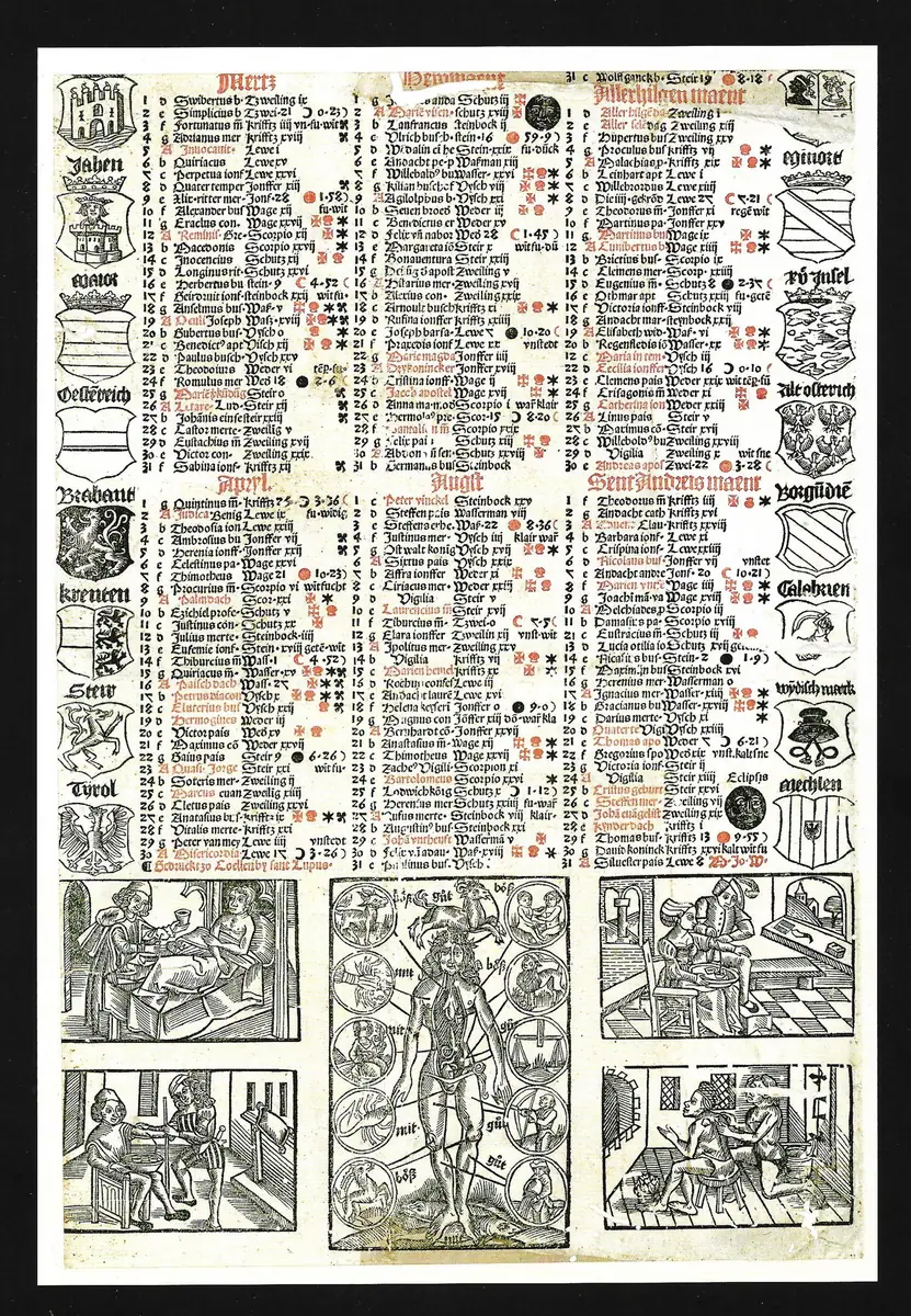 Página de um almanaque impresso antigo, com colunas de santos do dia em vermelho e preto, escudos heráldicos nas laterais e xilogravuras no rodapé, entre elas um homem zodiacal que associa os signos ao corpo.