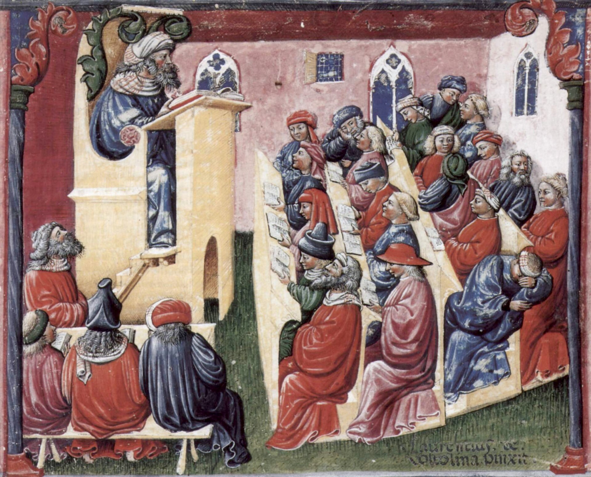 A medieval physician lectures to students around a manuscript, gesturing at a diagram of the humors and the ages of life.