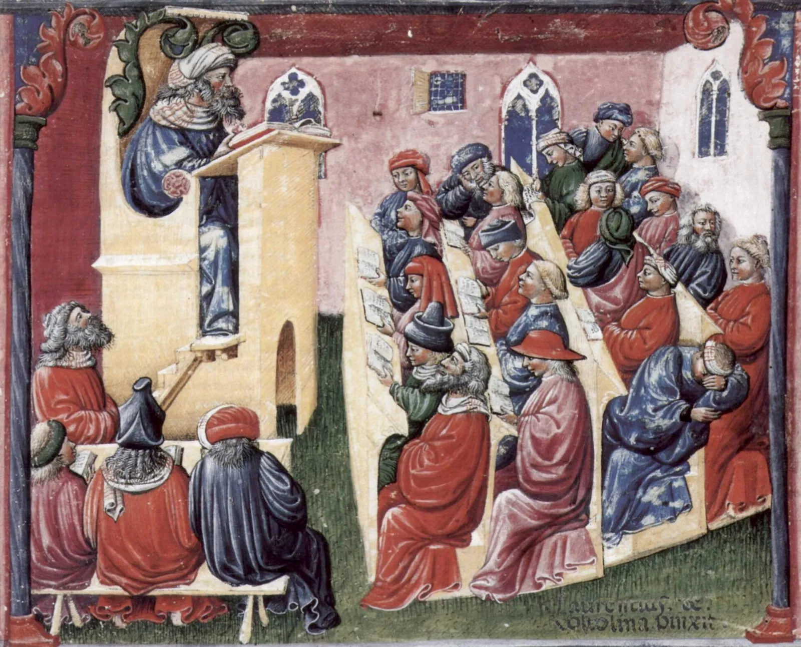 A medieval physician lectures to students around a manuscript, gesturing at a diagram of the humors and the ages of life.