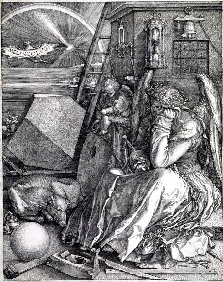Albrecht Dürer'in 1514 tarihli Melencolia I gravürü: geometri aletleri arasında oturan kanatlı Melankoli figürü, Satürn mizacının klasik imgesi.