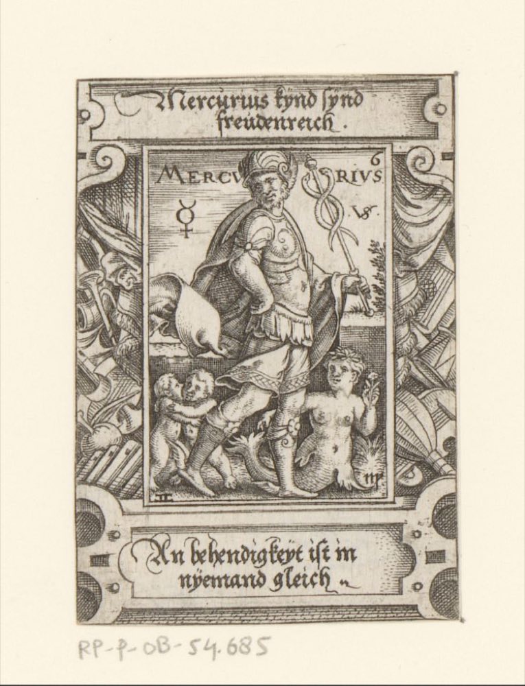 Mercurio con sus signos regentes, Géminis y Virgo, un grabado neerlandés (Rijksmuseum).