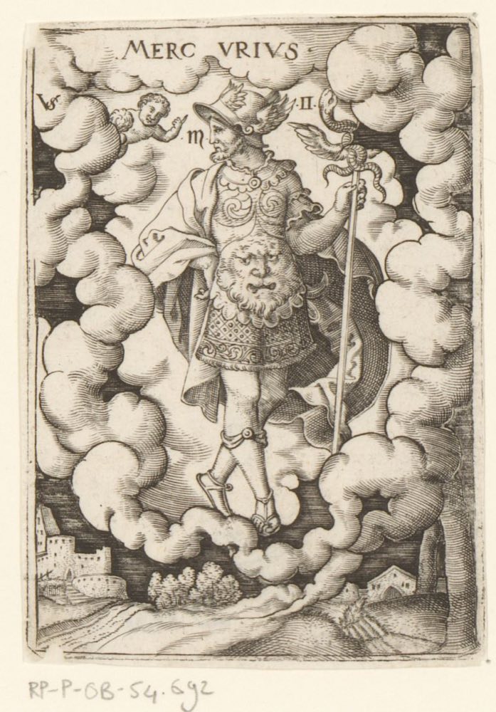 Merkur, der Götterbote, ein niederländischer Kupferstich (Rijksmuseum).
