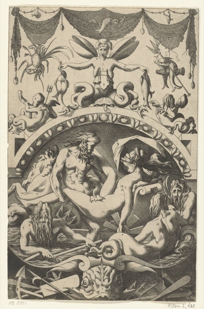 Neptune, god of the sea, with Thetis, a Dutch engraving (Rijksmuseum).