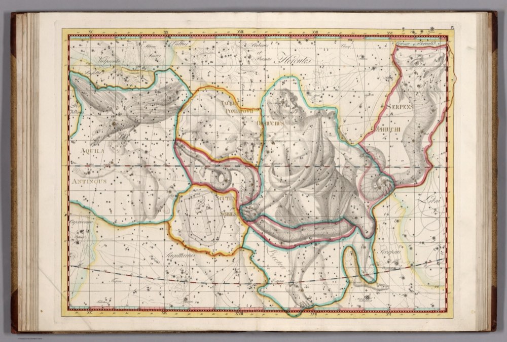 Uma prancha de atlas estelar de Ophiuchus, o Portador da Serpente, um homem segurando uma grande serpente através do céu, com a eclíptica atravessando a figura.
