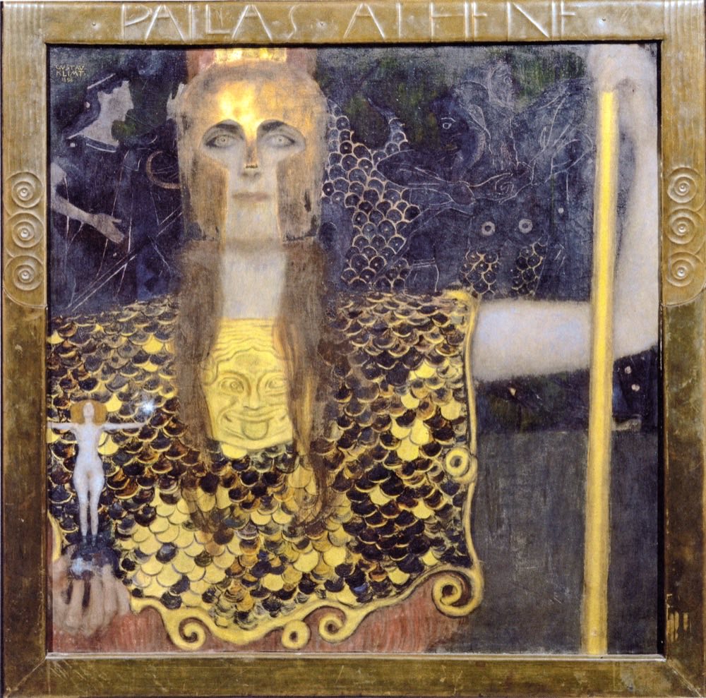 A Palas Atena de Gustav Klimt, a deusa da sabedoria e da estratégia com elmo e armadura dourada, segurando uma pequena figura da vitória.