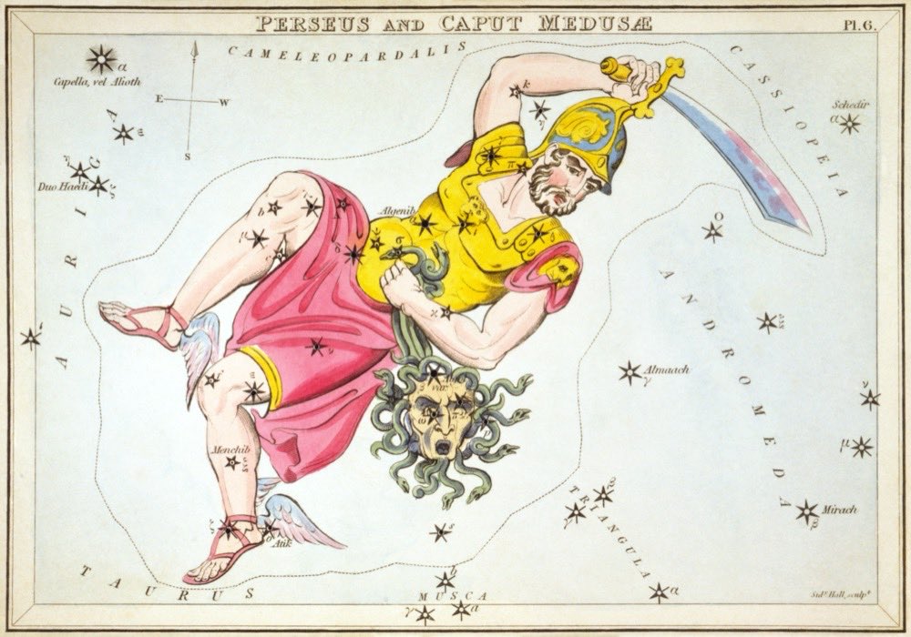 An 1824 star chart from Urania's Mirror showing Perseus holding the severed head of Medusa; the star Algol marks the Gorgon's winking eye.
