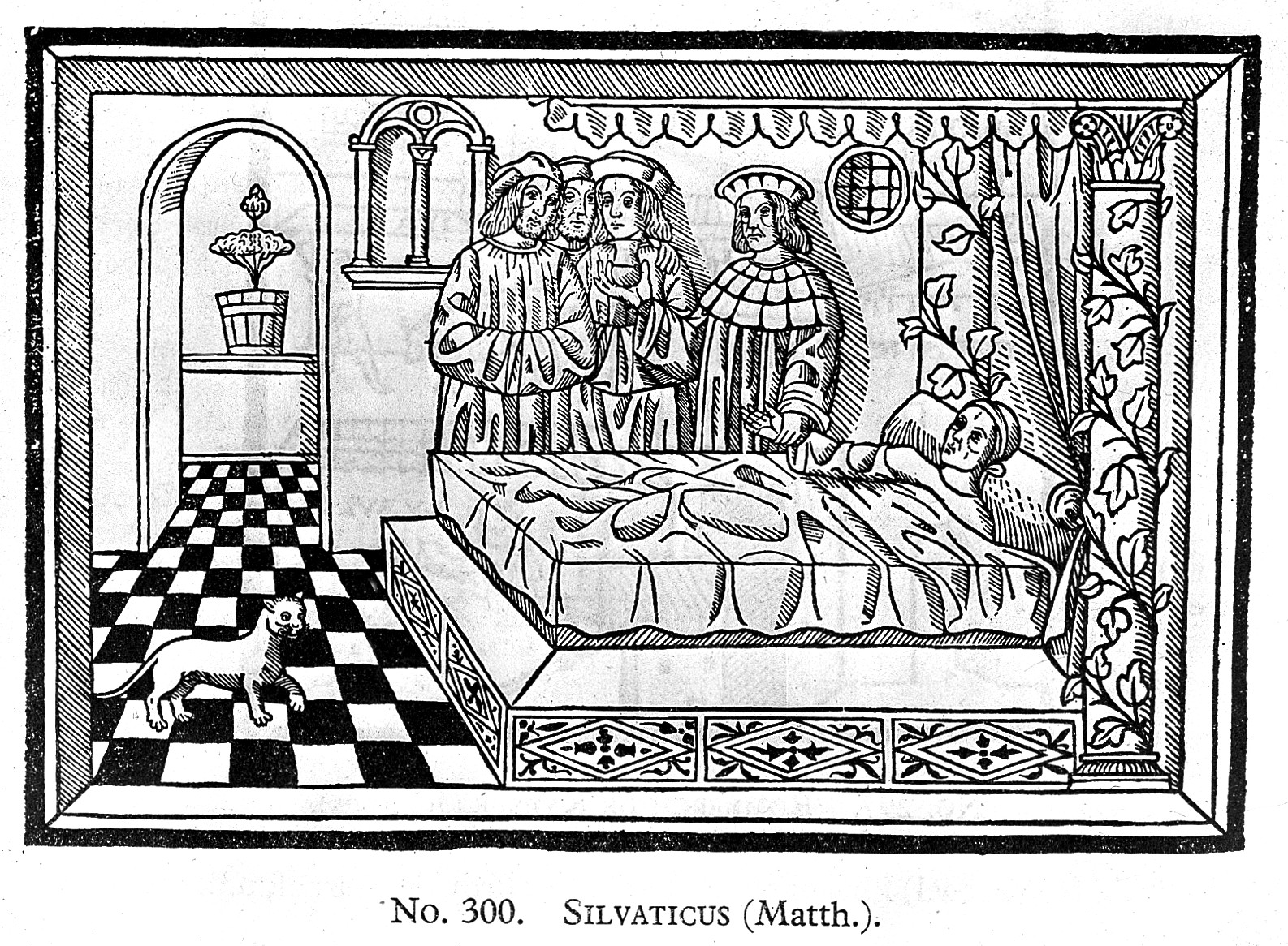 Une gravure sur bois en noir et blanc : des médecins en longue robe rassemblés au chevet d'un malade allongé dans un lit à baldaquin, avec un chat sur un sol carrelé en damier.