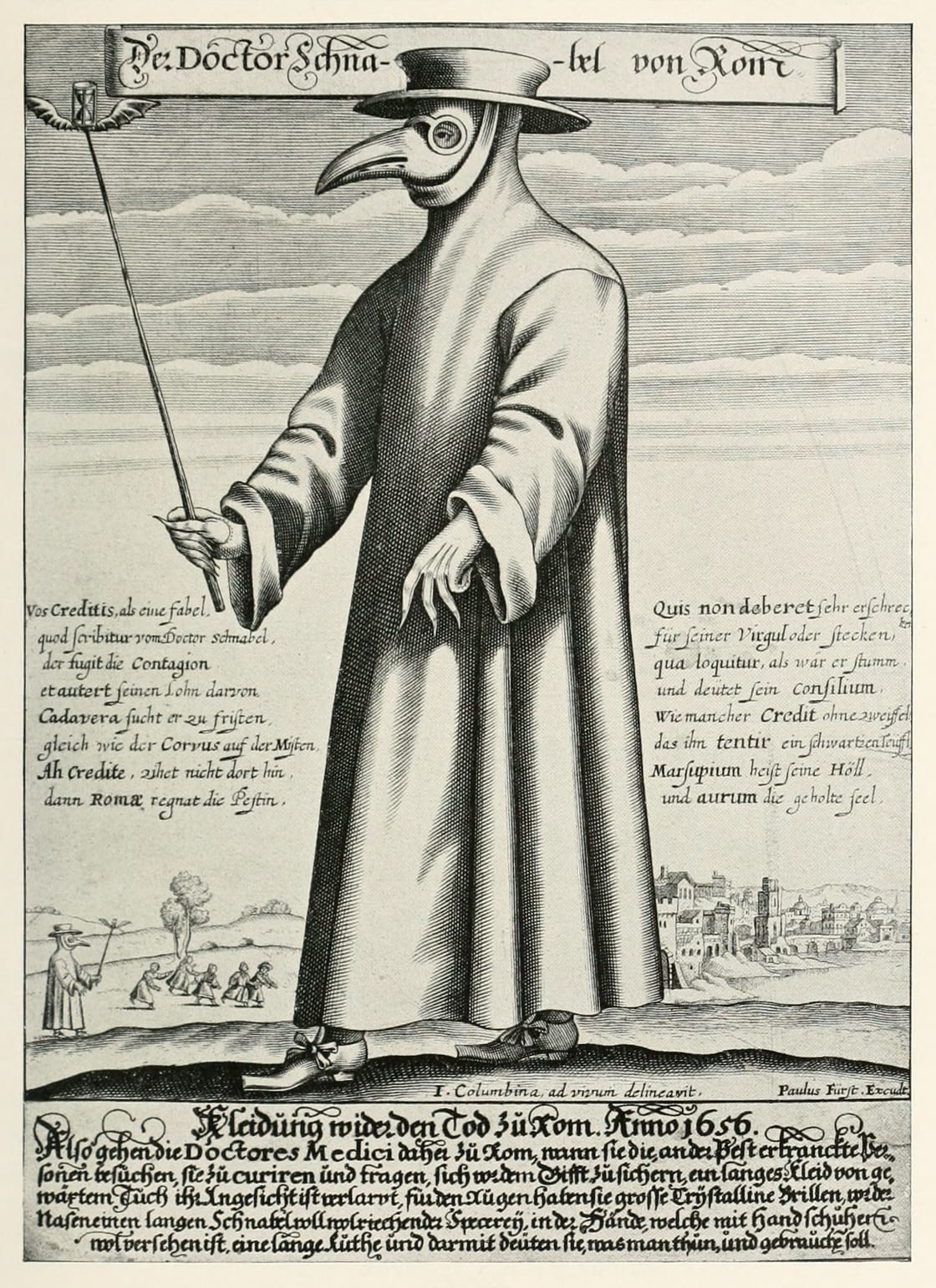 Le médecin de la peste de Rome, portant un masque à bec et un long manteau, tenant une baguette pour désigner, gravure de 1656.