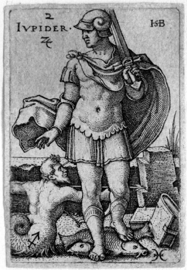 Ein Kupferstich von Jupiter, dem großen Wohltäter, thronend über den Gelehrten und Herrschern, die er begünstigt, aus Hans Sebald Behams Stichserie The Seven Planets, 1539.