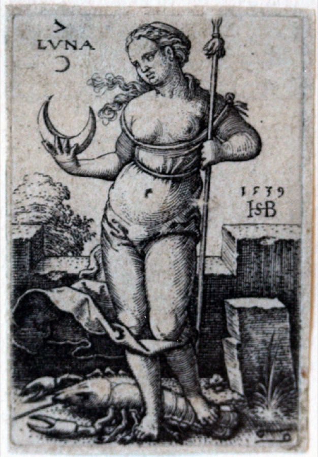 An engraving of Luna, the Moon, in her chariot above the travellers and fishermen in her care, from Hans Sebald Beham's engraving series The Seven Planets, 1539.