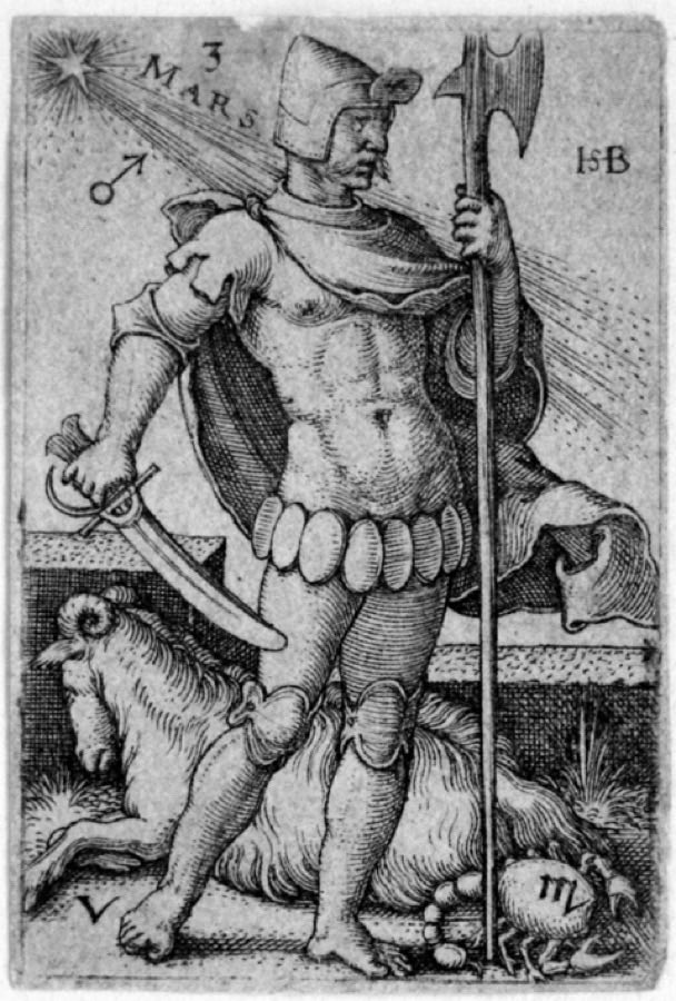 Un grabado de Marte, el dios de la guerra, con armadura sobre los soldados que rige, de la serie de grabados The Seven Planets de Hans Sebald Beham, 1539.