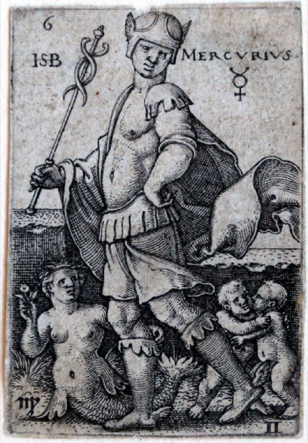 Ein Kupferstich von Merkur über den Gelehrten, Kaufleuten und Handwerkern, die er regiert, aus Hans Sebald Behams Stichserie The Seven Planets, 1539.