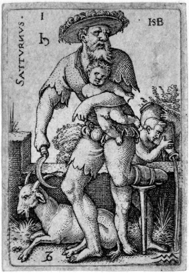Une gravure de Saturne, le vieux dieu du temps et de la limite, avec sa faux au-dessus de ses enfants laborieux, tirée de la série de gravures The Seven Planets de Hans Sebald Beham, 1539.