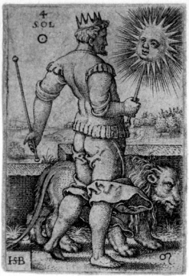 An engraving of Sol, the Sun, as a crowned figure driving his chariot across the heavens above the people and pursuits he governs, from Hans Sebald Beham's engraving series The Seven Planets, 1539.