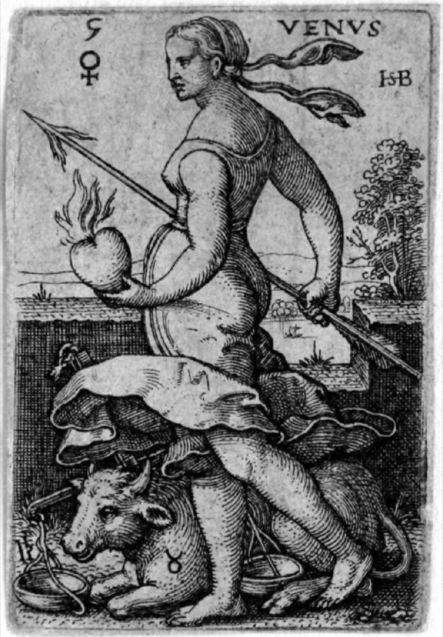 Ein Kupferstich der Venus, der Göttin der Liebe, über den Liebenden und Musikern in ihrer Obhut, aus Hans Sebald Behams Stichserie The Seven Planets, 1539.