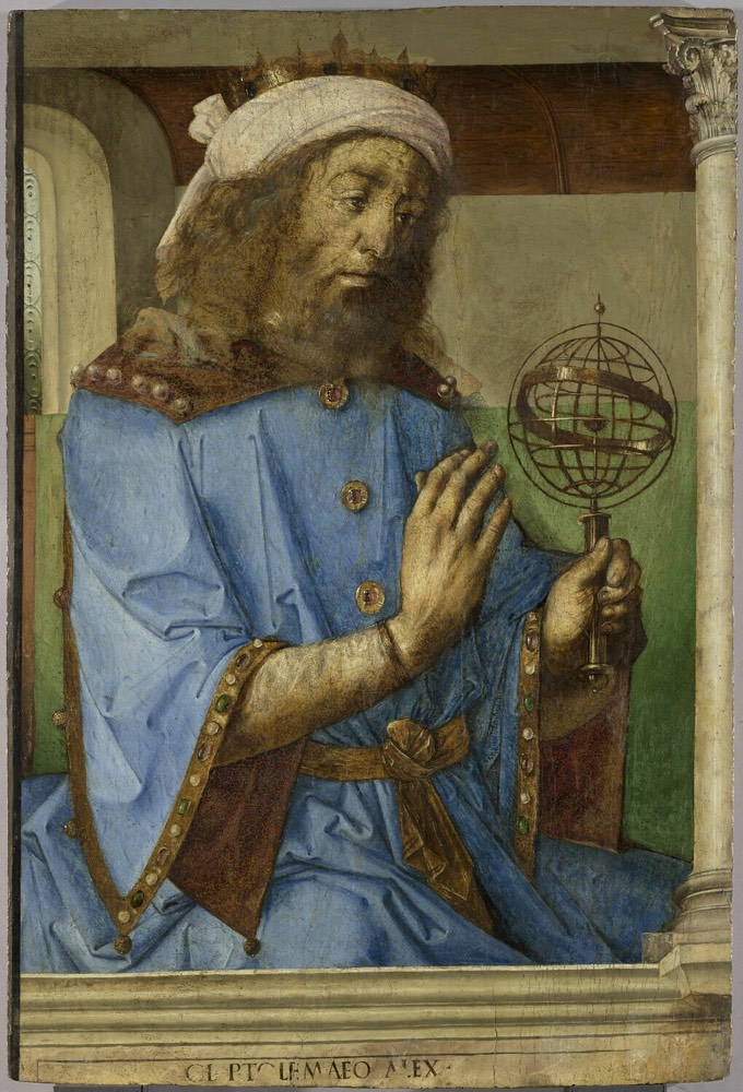 Une peinture de la Renaissance représentant Claude Ptolémée, couronné, assis et tenant un modèle de sphère armillaire des cieux.
