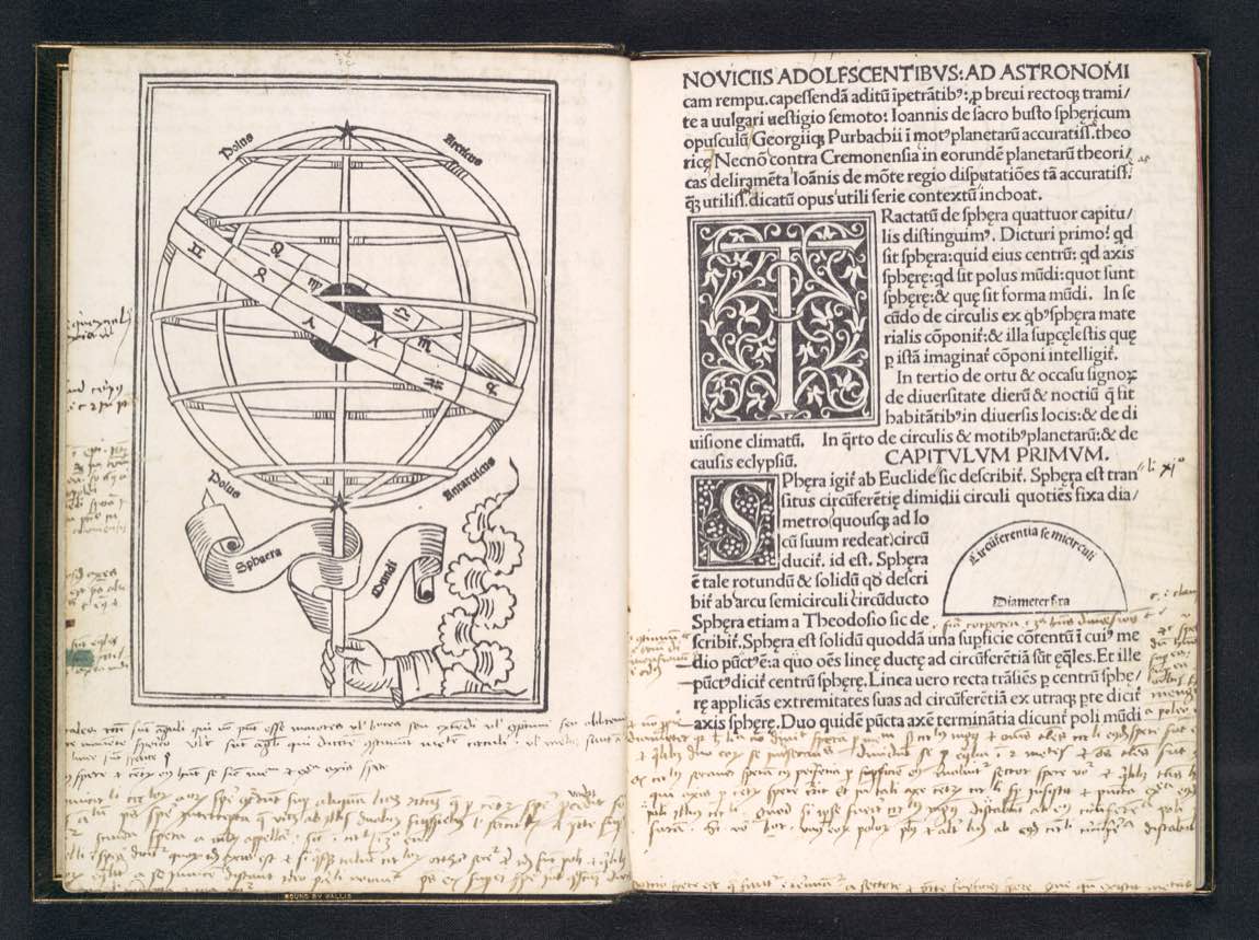 Xilogravura de esfera armilar e página de abertura do De Sphaera de Sacrobosco