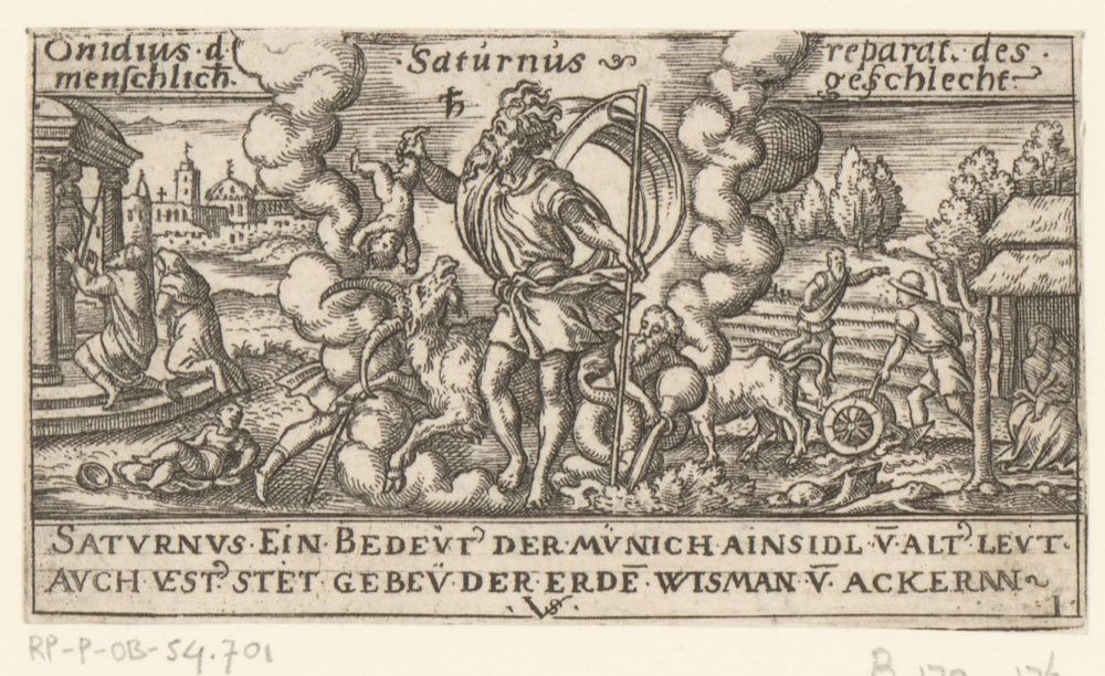 Saturn mit seinen Herrscherzeichen Steinbock und Wassermann, ein niederländischer Kupferstich (Rijksmuseum).