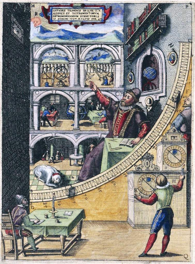 Tycho Brahe junto ao seu grande quadrante mural no observatório de Uraniborg