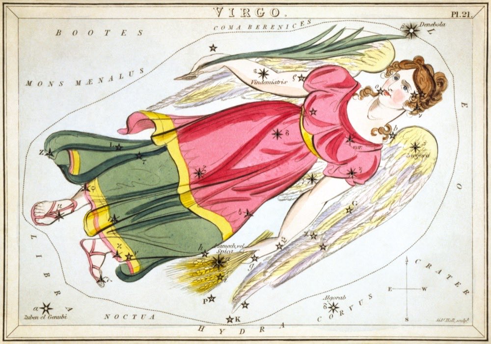 Das Sternbild Jungfrau auf einer Sternkarte von 1824 aus Urania's Mirror; Spica, der Glücksstern, ist die Weizenähre in der Hand der Jungfrau.