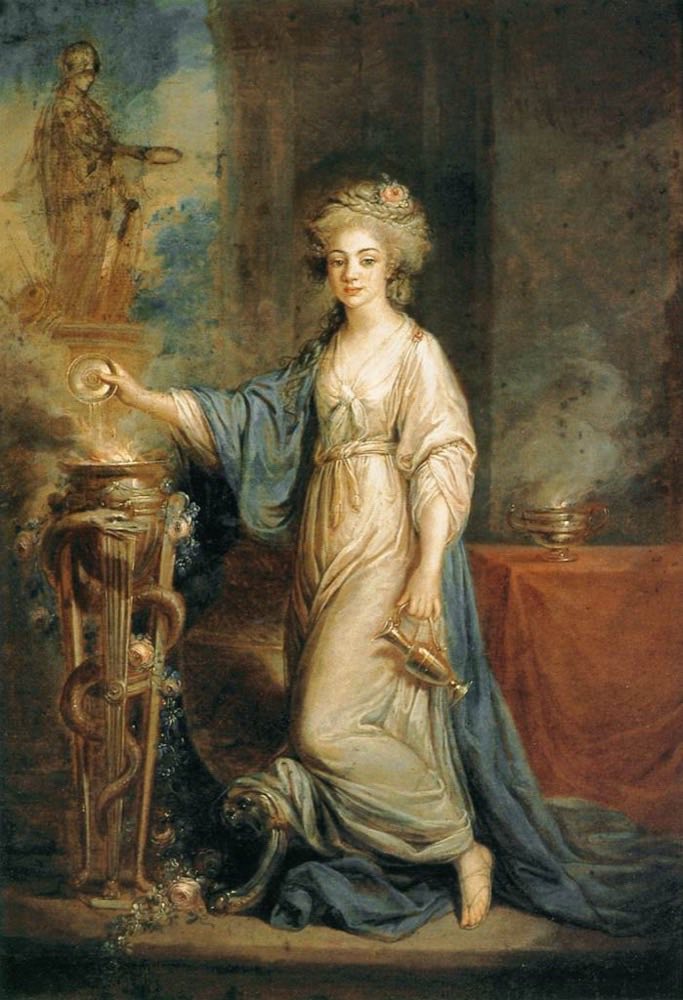 Angelica Kauffmann'ın, tanrıça Vesta'nın kutsal alevinin bekçisi bir Vestal Bakire olarak genç bir kadını betimleyen portresi.