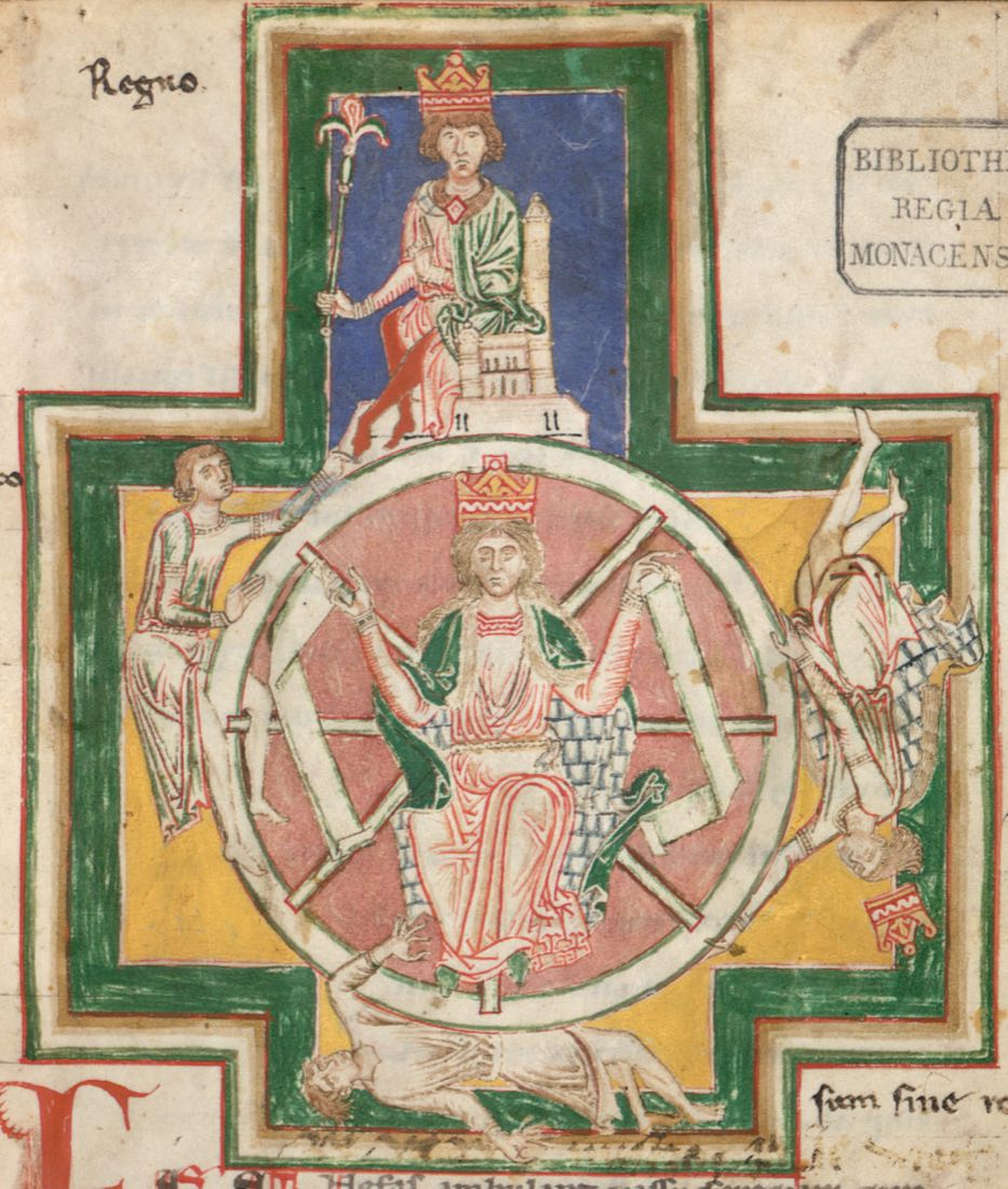 Mittelalterliche Darstellung des Glücksrads aus den Carmina Burana