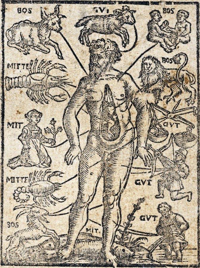 Uma xilogravura de 1580 do Homem do Zodíaco (Homo signorum), atribuindo cada signo do zodíaco a uma região do corpo, de Áries na cabeça até Peixes nos pés, como guia para a escolha do momento médico.