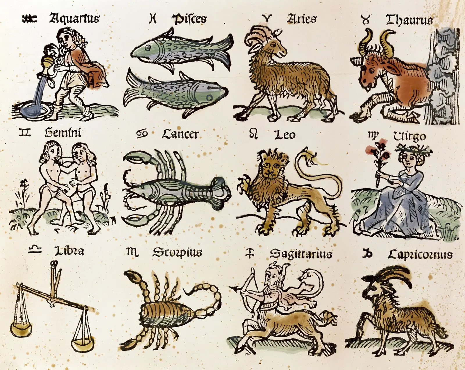 Twelve zodiac signs arranged in a circular gold-and-blue diagram in a medieval illuminated manuscript.